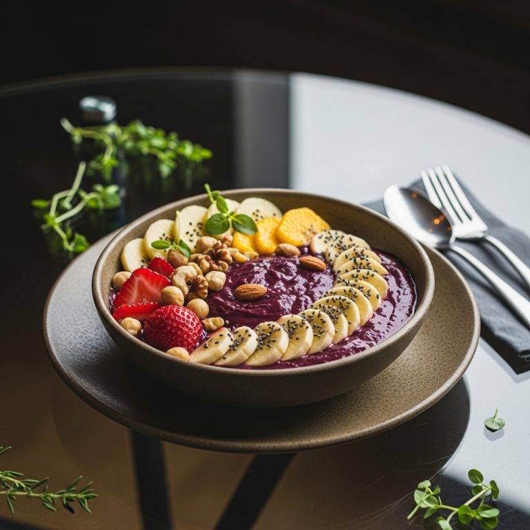 Brazilian Brunch Delight: Paleo-Friendly Açaí Bowl with Tropical Fruits and Nuts